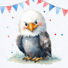 Grumpy Bald Eagle Watercolor Illustration with Patriotic Theme, Expressing Attitude and Humor for 4th of July, Independence Day, and American Pride in a Unique and Artistic USA Celebration Concept