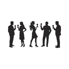 Silhouette of people at a social gathering celebrating with wine glasses in hand.