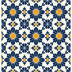Intricate Moroccan-Inspired Geometric Floral Tile Pattern in Navy Blue and Mustard Yellow, Perfect for Creating a Sophisticated and Cultural Aesthetic.