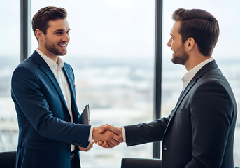 Two men in suits shaking hands, making a deal in a modern office setting.