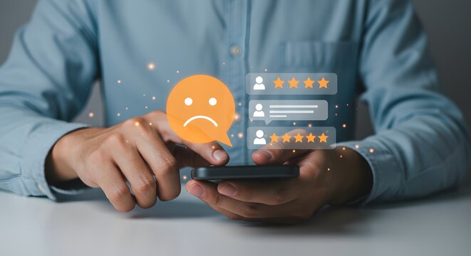 Customer Negative Feedback Concept: Man Using Smartphone with Sad Face Emoji and Low Rating Review