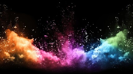 Vibrant colorful powder explosions of vibrant hues and particles floating in the air against a black background, featuring blue, purple, pink, orange, red, yellow, green, capture celebration and joy.