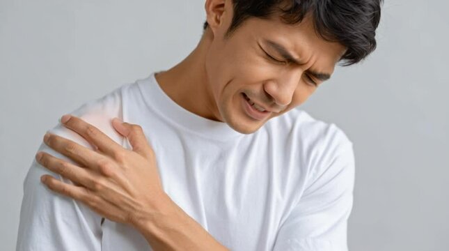 A young man holding his shoulder with a painful expression indicating shoulder pain and discomfort in a neutral background