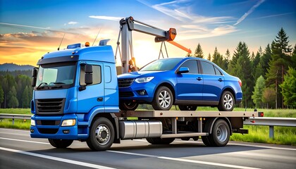 Fototapeta premium Tow truck carries a blue car