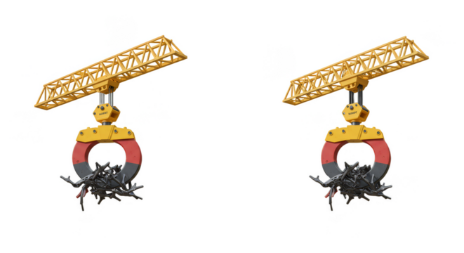 Industrial Crane Magnet Lifting Scrap Metal on Transparent Background