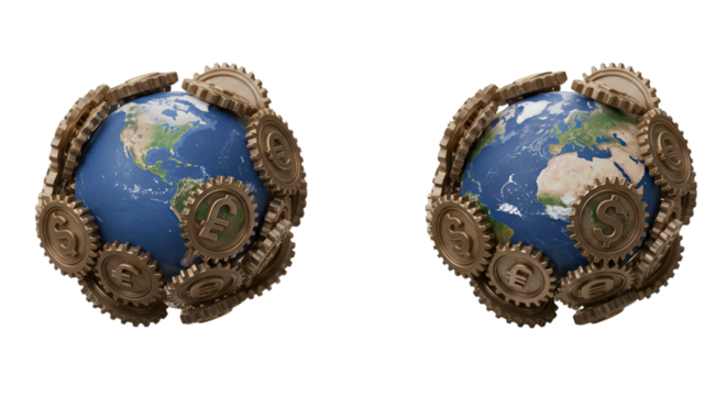Isolated 3D Globe Surrounded with Interconnected Gears on Black Background