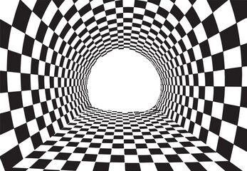 Naklejka premium Perspective illusion featuring a black and white checkered tunnel with a central white space