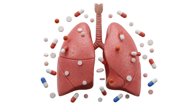 Isolated 3d Illustration of Lungs and Pills for Pulmonary Treatment