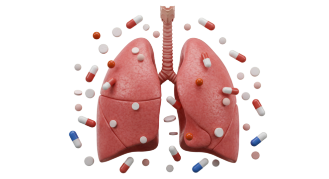 Isolated 3d Illustration of Lungs and Pills for Pulmonary Treatment