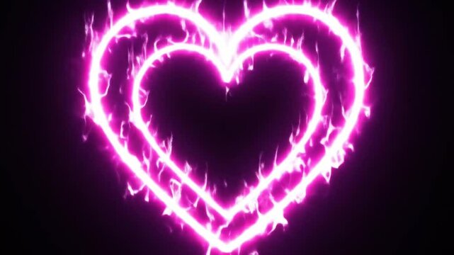 Glowing, pink heart shape with a fiery effect against a dark background.