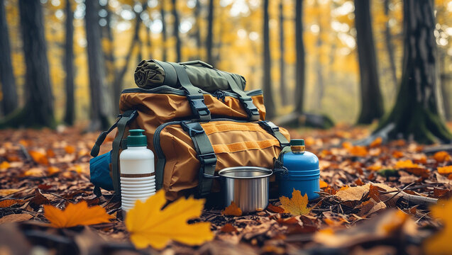 Survival kit and camping tent set up by a traveler in an autumn forest.