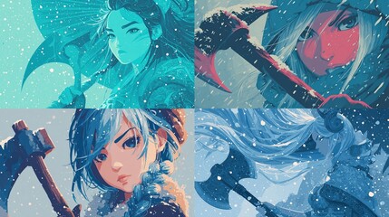 Four wintry women wielding axes in snowy, stylized panels