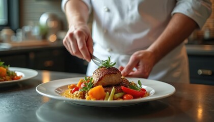 Chef prepares gourmet meal in stylish kitchen. Plate of delicious food with meat, vegetables, herbs. Food service, culinary art, fine dining concept. Healthy meal. Luxury life style. Restaurant.