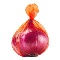A single red onion is secured in a translucent orange plastic bag, creating a vibrant contrast, isolated on transparent background