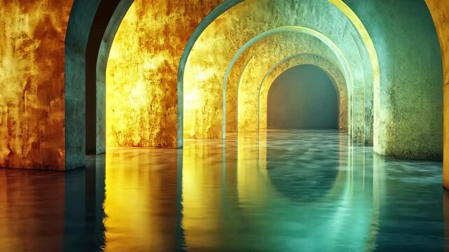 Serene underground passage with golden arches reflecting in tranquil water, creating a mystical atmosphere