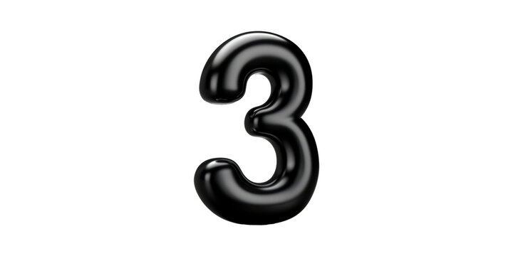 Black Glossy Number Three. Modern Typography And Design Element Isolated On Transparent Background