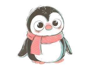 Cartoon cute animal in kawaii style with playful character design. Cute Penguin Wearing Scarf in Winter Clipart for Fun Projects