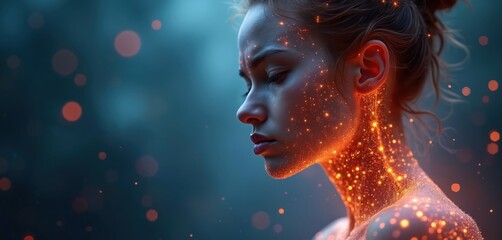 Artistic illustration of woman with glowing points pain, fatigue, struggle. Conceptual visualizes chronic pain, fibromyalgia, invisible illness, body sensitivity, discomfort. Mental health, health