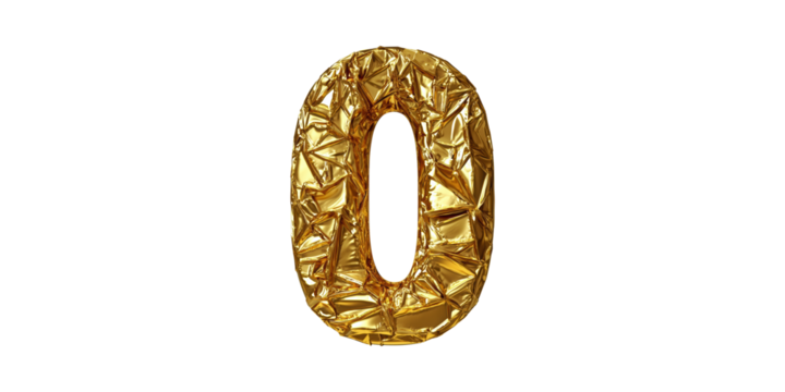 Gold Foil Balloon Number Zero. Festive Celebration And Party Decoration Isolated On Transparent Background