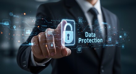 Data Protection and Cybersecurity Concept: Businessman Interacting with Futuristic Interface