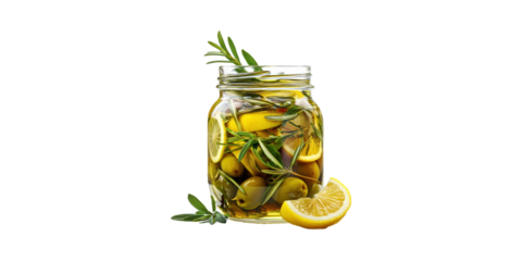 Jar Of Marinated Olives With Lemon And Rosemary. Gourmet Culinary Ingredients Isolated On Transparent Background