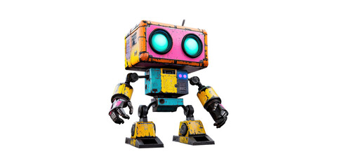 Fototapeta premium Colorful Retro Robot With Large Eyes. Futuristic Technology And Robotics Design Isolated On Transparent Background
