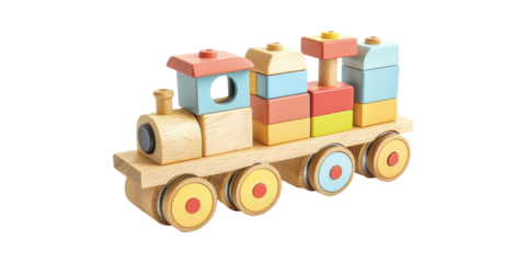 Colorful Wooden Toy Train With Building Blocks. Educational Play For Child Development And Creativity Isolated On Transparent Background