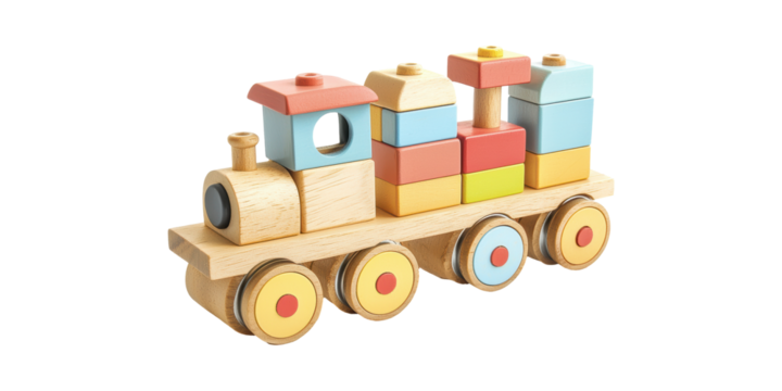 Colorful Wooden Toy Train With Building Blocks. Educational Play For Child Development And Creativity Isolated On Transparent Background
