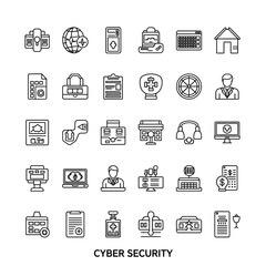 A comprehensive collection of cyber security icons representing data protection, network security, and digital threats