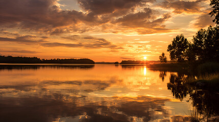 Fototapeta premium Golden sunset reflecting on a calm lake with trees silhouetted along the shoreline