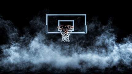 Basketball hoop shrouded in atmospheric smoke against a black background.