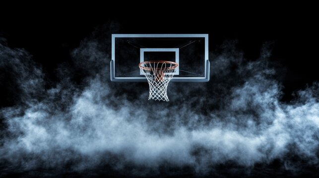 Basketball hoop shrouded in atmospheric smoke against a black background.