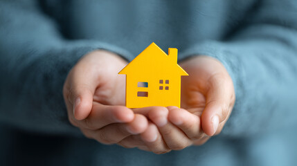 Hands gently cradle a vibrant yellow house cutout against a blurred blue sweater backdrop