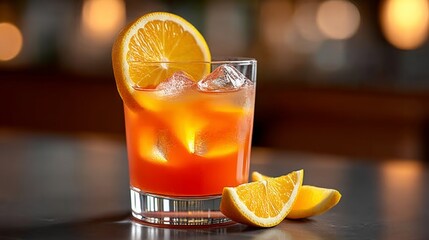 Glass of orange juice with ice cubes and a slice of orange on top. The drink is refreshing and perfect for a hot day