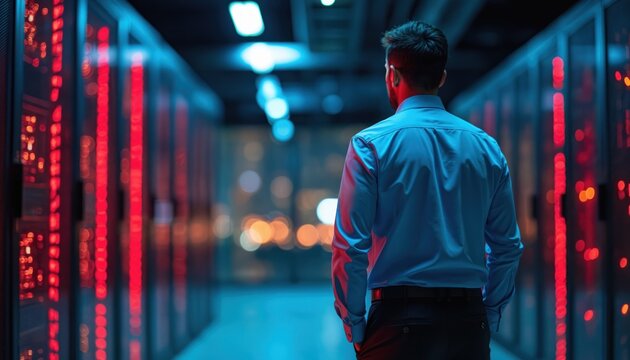 Business pro in modern office. Man observes illuminated server racks, reflecting data analysis in nighttime. Tech industry, IT specialist working with digital networking information, communication.