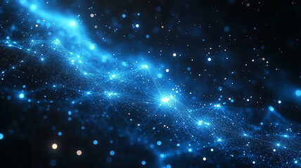 Obraz premium Futuristic blue light trails and dots. Cosmic energy flow with golden specks. Abstract ethereal particle background.