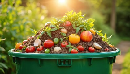 Green compost bin overflowing with organic materials, fresh produce. Tomatoes, eggs, vegetable scraps illustrate waste reduction. Gardening, healthy plants, eco-friendly, composting in backyard