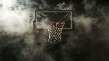 Basketball hoop shrouded in smoky darkness, emphasizing dramatic lighting and intense atmosphere.