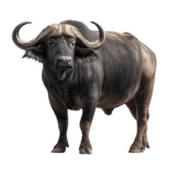 Obraz premium A powerful african buffalo stands majestically, isolated on transparent background, showcasing its impressive horns and muscular build