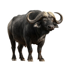 Obraz premium A majestic cape buffalo stands tall, isolated on transparent background, displaying its impressive horns and muscular frame