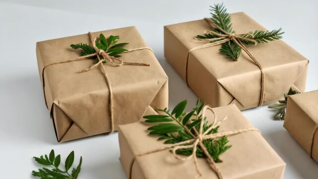 Group of wrapped gifts in brown paper decorated with twine and green branches, on a white surface