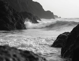 Black and white ocean photo of waves crashing rocks on coastline. Serene coastal landscape with mist fog. Calm sea, nature scenic background for travel, tourism, eco concept.