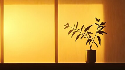 Minimalist Vase with Shadowed Leaves Against Warm Golden Light Aesthetic