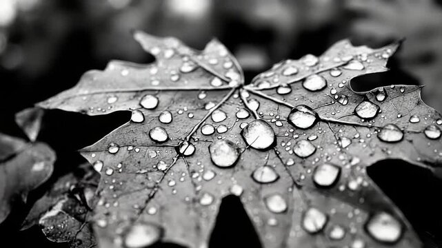 Monochrome Maple Leaf with Raindrops (Black and White)