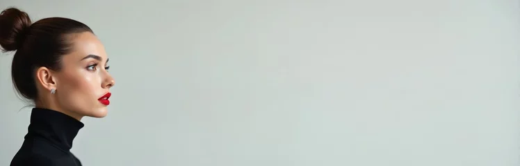 Wanddecoratie Schoonheidssalon Beautiful woman profile. Stylish updo hairstyle with makeup, red lips. Elegant female face, attractive features, black turtleneck. Beauty, fashion, make up, cosmetics. Clean skin face. Vogue style  © Viktor