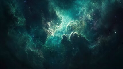 Fototapeta premium Teal and green nebula in deep space with bright stars.