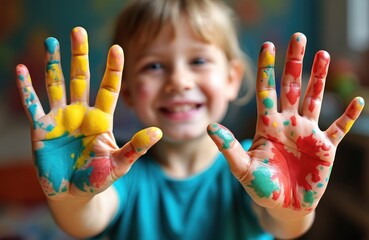 Happy child shows hands covered in paint after art class. Colorful paints, kid smiling with joy. Child enjoys creative drawing activity. Fun, creativity, childhood, art, drawing, preschool, paint,