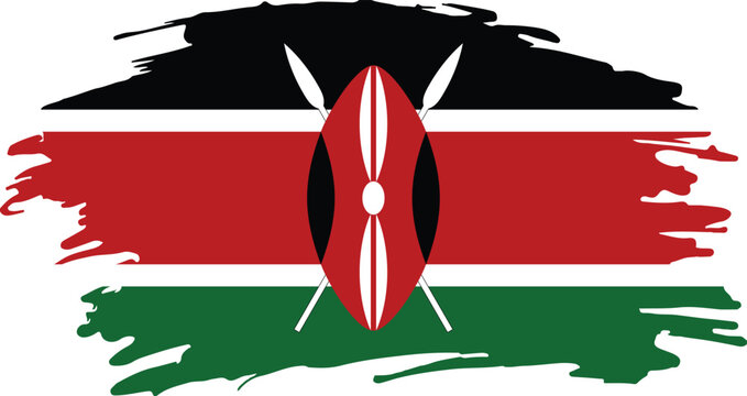 Kenyan flag with textured brushstrokes, shield, spears, and colorful stripes, symbolizing unity