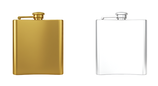 Isolated Flask Mockup In Gold And Silver On Transparent Background