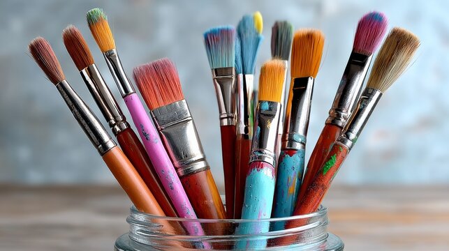 Jar full of paintbrushes of various colors. The jar is on a table. The paintbrushes are arranged in a way that they are all facing the same direction - Powered by Adobe